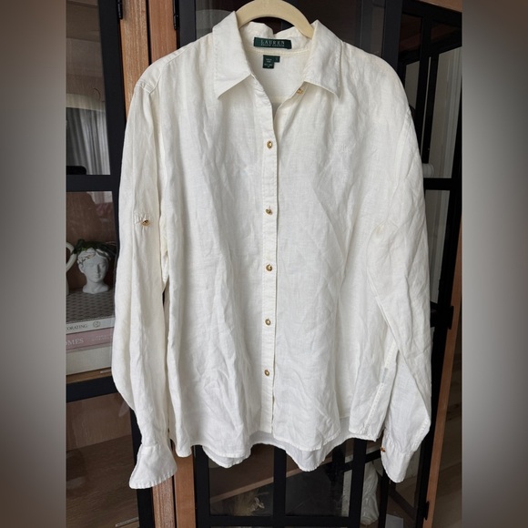 Vintage Ralph Lauren linen button down shirt embroidered monogram logo collar - Picture 5 of 12